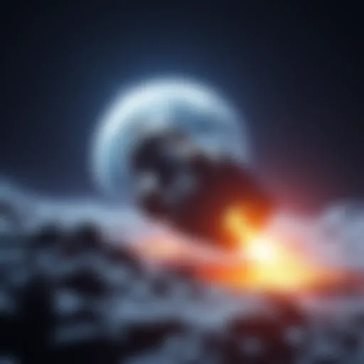 A futuristic spacecraft collecting resources from the moon's surface with Earth visible in the background