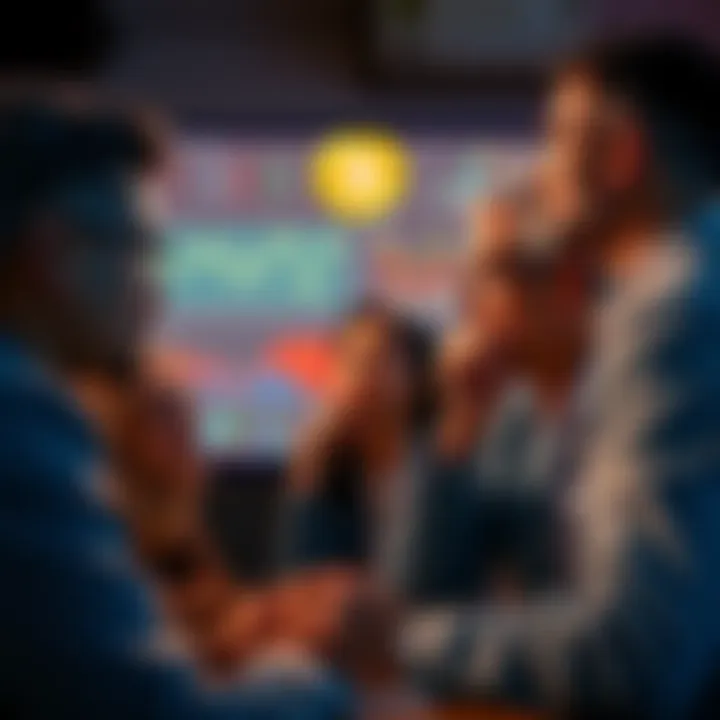 A group of diverse investors looking at charts and graphs related to Bitcoin and MSTR on a screen, showing confusion and concern about their investments.