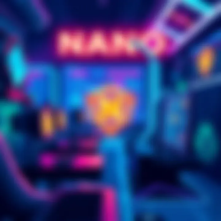 Illustration of a digital gaming environment featuring Nano currency being used for transactions, showcasing lower fees and fast processing benefits.
