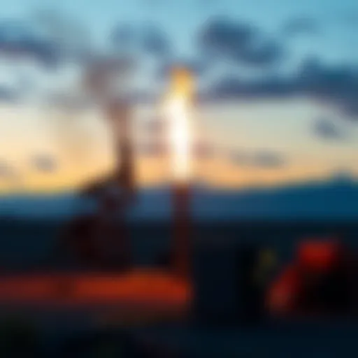 A natural gas flare burning at an oil site with Bitcoin mining equipment nearby, illustrating the conversion of gas into energy for mining.
