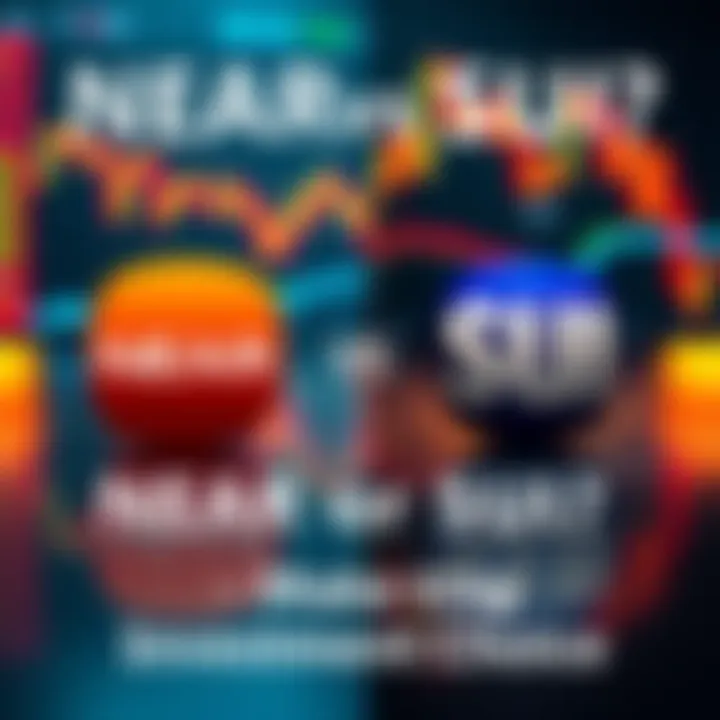 A side-by-side graphic showing NEAR and SUI logos with financial charts in the background