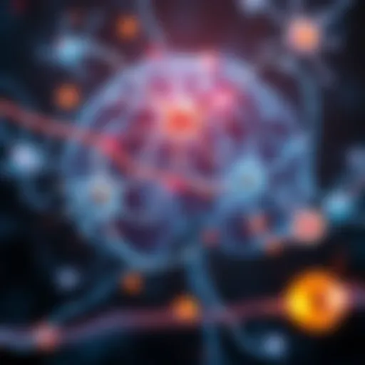Illustration showing glowing neurons communicating with each other in the brain, highlighting connections and signaling pathways.
