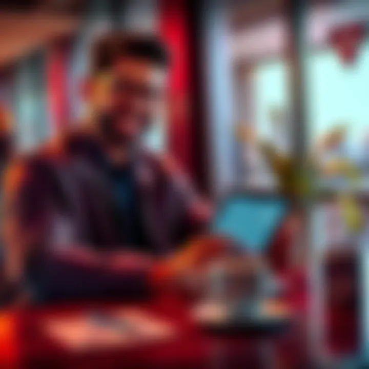 A new investor smiles while holding a tablet showing XRP price charts, with a coffee cup on the table, symbolizing their excitement about cryptocurrency.