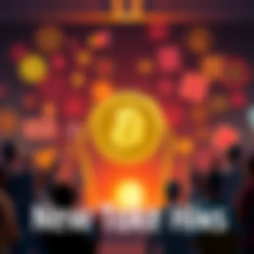 A collection of symbols and vague messages hinting at a new cryptocurrency token, surrounded by curious people discussing it.