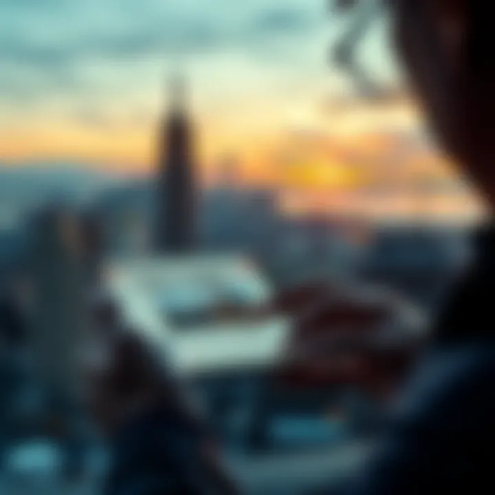 A person looks at a news article about New York's new cryptocurrency tax on a smartphone screen, with a city skyline in the background.