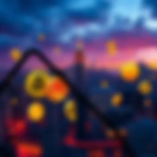The New York skyline with a graphic of cryptocurrency coins and dollar signs