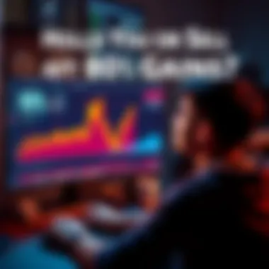 A person looking at a graph showing an 80% increase in cryptocurrency value on a computer screen, pondering whether to hold or sell their investment.