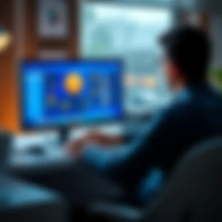 A person sitting at a desk looking at a computer screen displaying cryptocurrency apps and guidelines