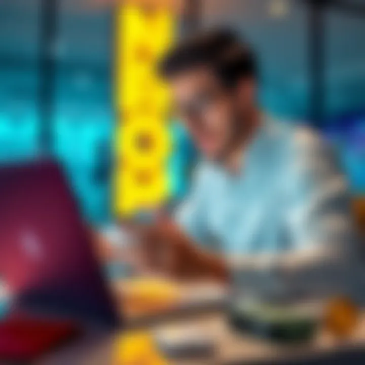 A beginner exploring cryptocurrency on a laptop, looking excited and curious about investments.