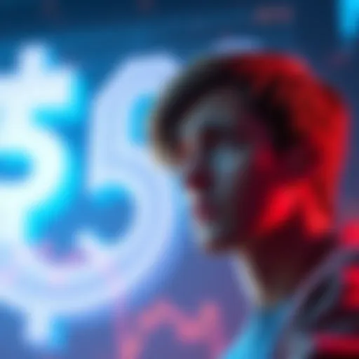 Graphic showing a small investor looking concerned about cryptocurrency changes, with a large $5,000 symbol in the background.