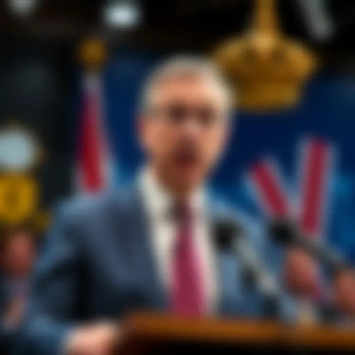 Nigel Farage speaking at a podium Nigel Farage at a press conference advocating for cryptocurrency deregulation in the UK