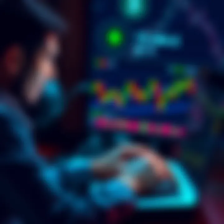 No-KYC Bitcoin Trading A person using a laptop to trade Bitcoin on a no-KYC exchange, with a focused look and cryptocurrency charts visible on the screen.