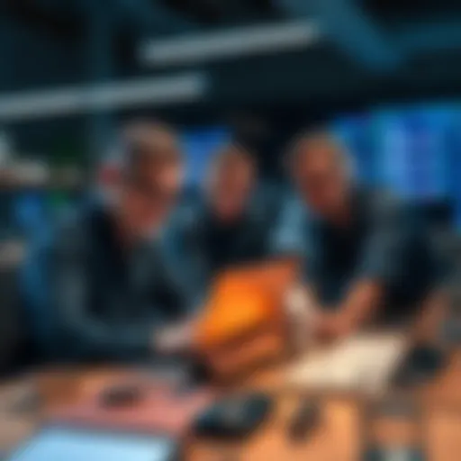 A team of developers collaborating at a desk, analyzing code and enhancing node performance on their laptops.