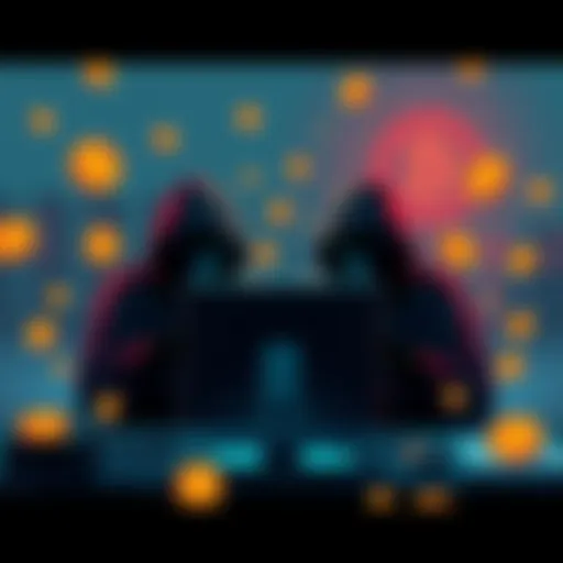 Illustration showing hackers in dark clothing at a computer with cryptocurrency symbols around them