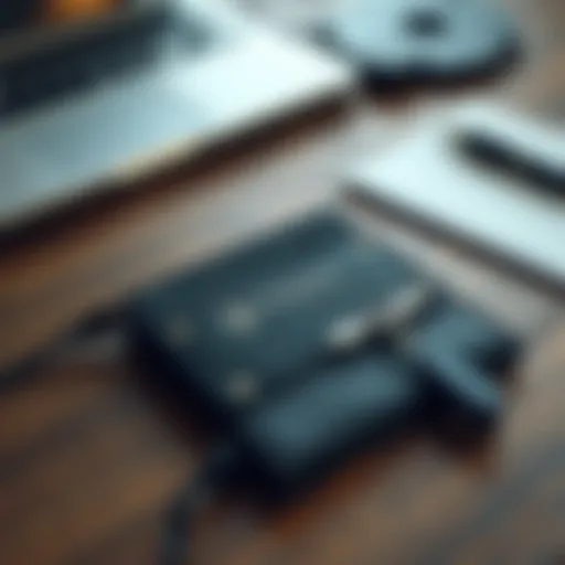 An old Trezor One wallet laying on a wooden desk, with a laptop and a notepad in the background, symbolizing concerns about Bitcoin storage.