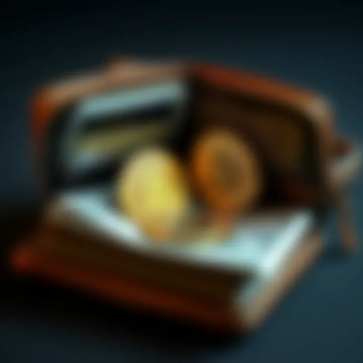An open old wallet showing Bitcoin coins and financial papers, symbolizing rediscovered cryptocurrency funds.