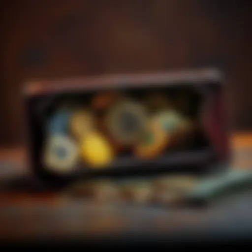 An old wallet opened, revealing various coins and Bitcoin symbols inside, symbolizing hidden wealth.