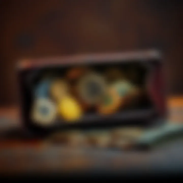Old wallet with coins and Bitcoin symbols An old wallet opened, revealing various coins and Bitcoin symbols inside, symbolizing hidden wealth.