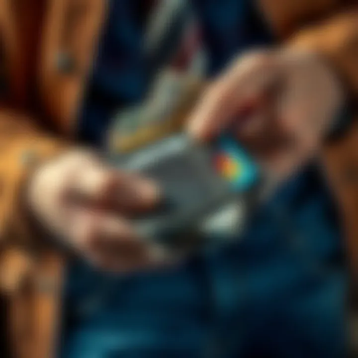 Old Wallet Found A person holds an old, worn wallet with various cards and cash showing inside.
