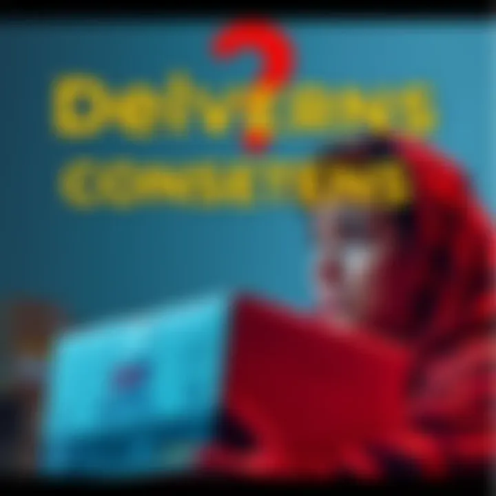 A worried person looking at a shipping box with OnTrac branding and a question mark above it