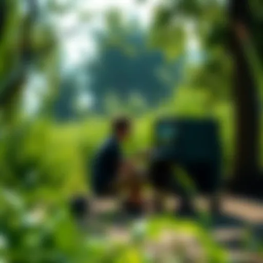 A person sitting at a portable mining rig in a green outdoor area, with trees and sunlight surrounding them