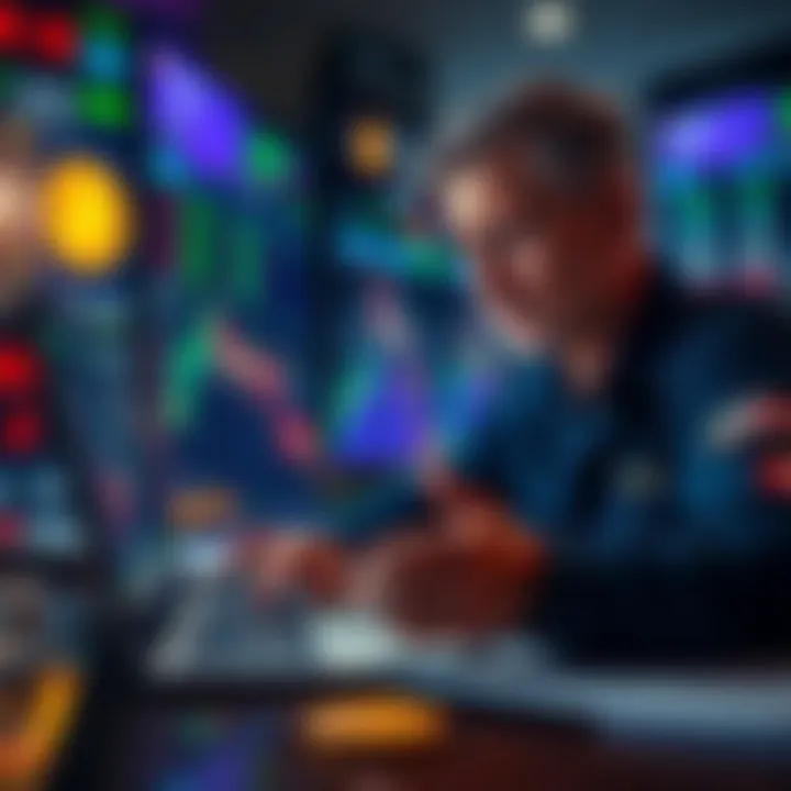 A trader looking worried while checking cryptocurrency prices on a laptop, displaying a falling chart