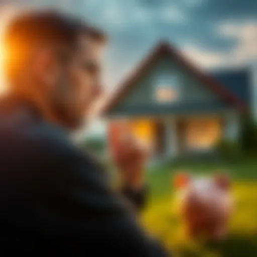 A person considering using a portion of their financial assets to pay off their mortgage, with a piggy bank and house in the background.