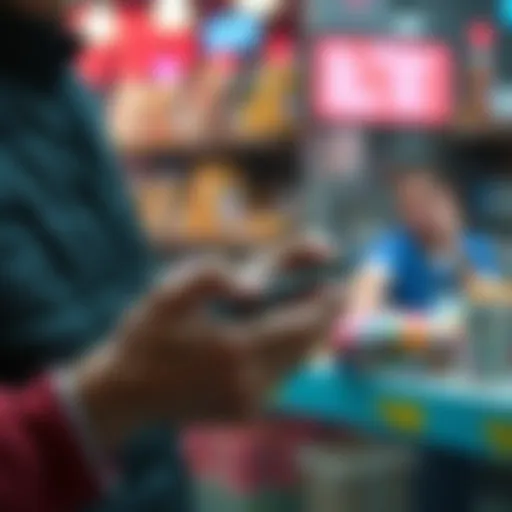 A merchant using a handheld Bluetooth device to process cryptocurrency transactions with ease.