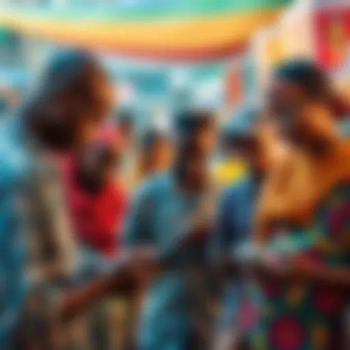 People using mobile phones for peer-to-peer cash transactions in a vibrant Zambian marketplace.