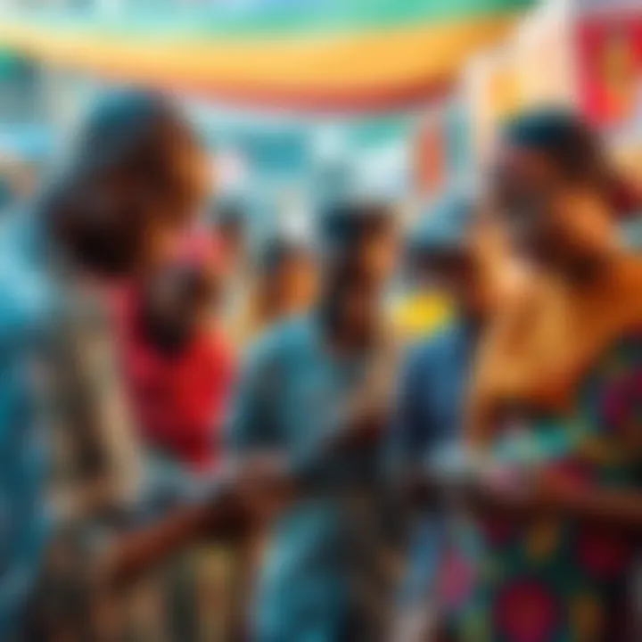 People using mobile phones for peer-to-peer cash transactions in a vibrant Zambian marketplace.