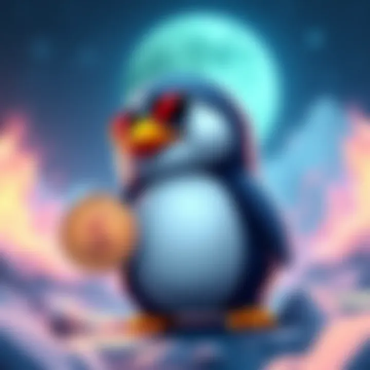 A cartoon penguin wearing sunglasses and holding a coin, symbolizing the rise of $Pengu in the meme coin market.