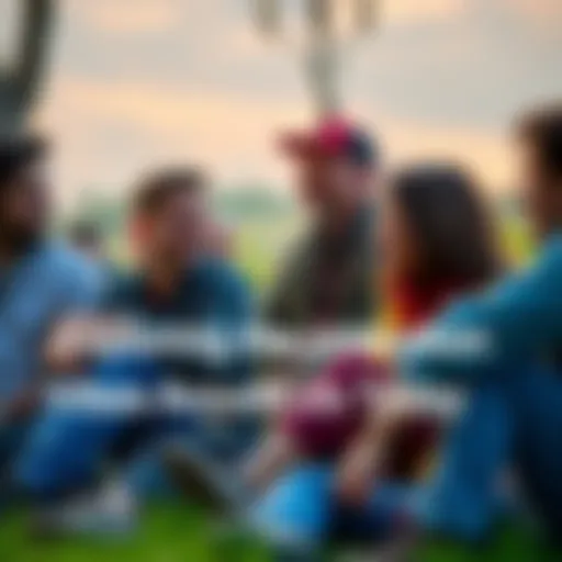 A group of people sitting together outdoors, feeling the energy of the environment around them, smiling and engaged in conversation.