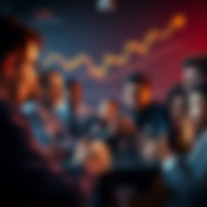 A group of diverse people engaged in a heated discussion about the CDC and investment concerns, with a rising stock chart in the background.