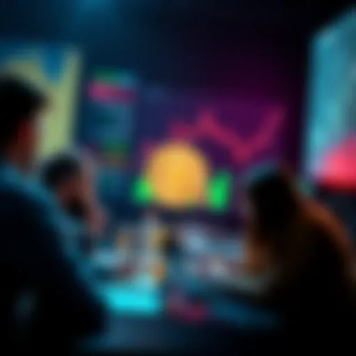 A group of people engaged in a discussion about various cryptocurrencies, including Bitcoin, Ethereum, and Chainlink, with charts and graphs in the background.