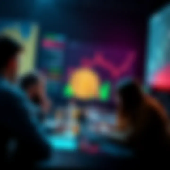 A group of people engaged in a discussion about various cryptocurrencies, including Bitcoin, Ethereum, and Chainlink, with charts and graphs in the background.
