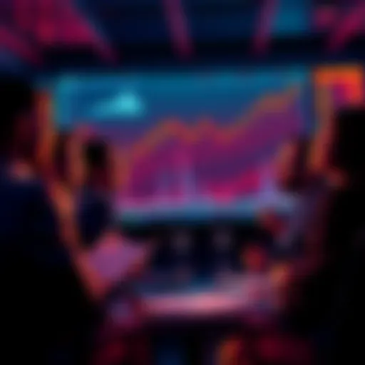 Group of people engaging in a serious discussion about cryptocurrency risks and scams, with charts and data on a screen behind them.