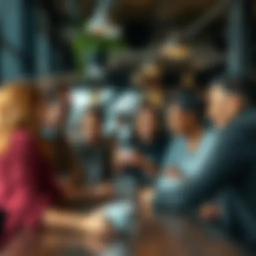 A group of diverse people chatting over coffee, sharing reasons for why they choose to stay in their hometowns, with warm expressions and engaged body language.
