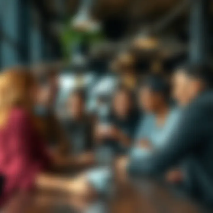 A group of diverse people chatting over coffee, sharing reasons for why they choose to stay in their hometowns, with warm expressions and engaged body language.