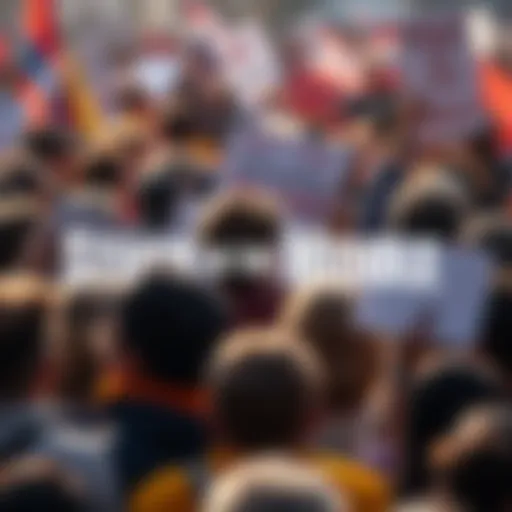A crowd of people expressing different opinions, showing contrasting signs and emotions, highlighting societal divisions.
