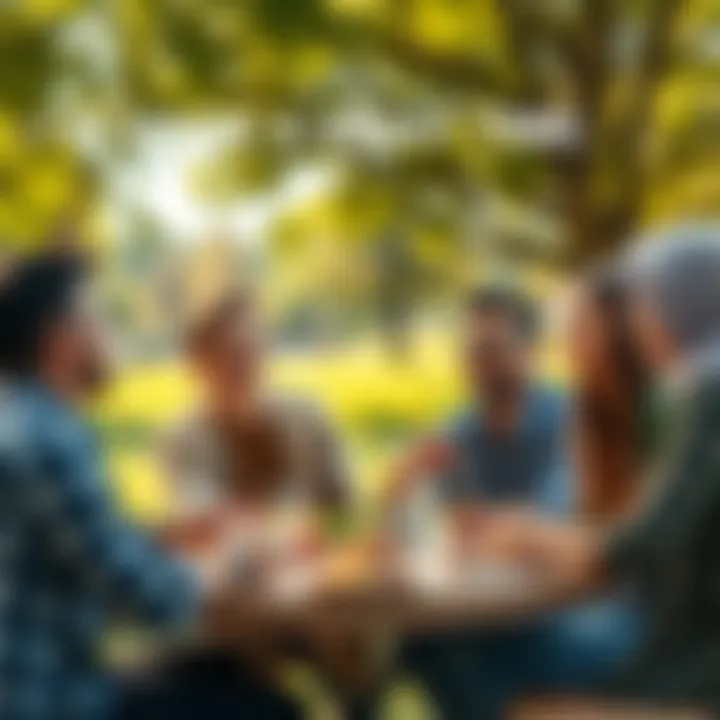 A group of friends laughing and sharing a meal together outdoors in a sunny park, capturing the joy of life in 2025