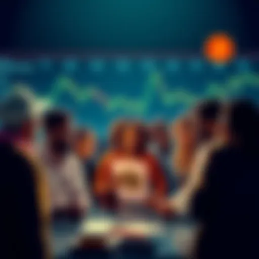 A group of diverse people discussing Bitcoin with charts and graphs in the background.