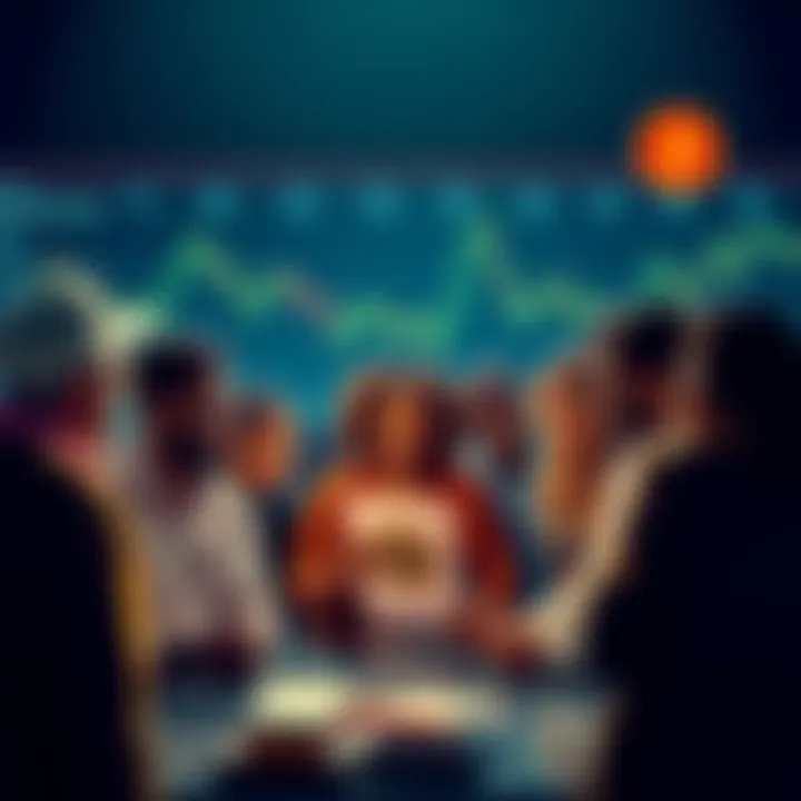A group of diverse people discussing Bitcoin with charts and graphs in the background.