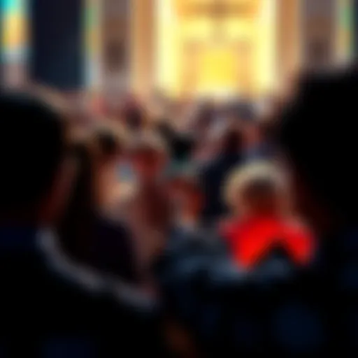 A diverse group of people gathered in prayer, hoping for an increase in altcoin prices during market fluctuations.