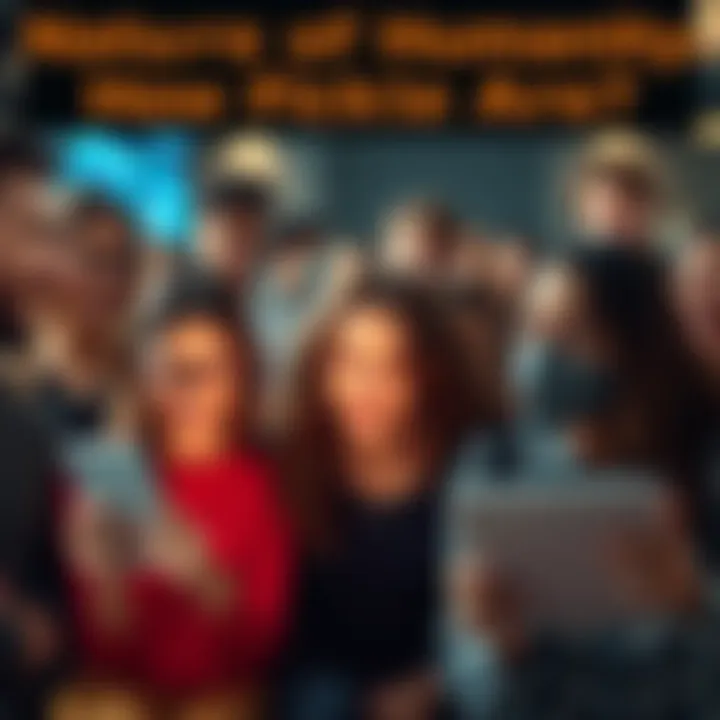 A diverse group of people expressing different emotions while engaging in online discussions about various topics