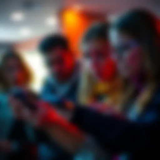 A group of people looking shocked while scrolling through their phones, discussing social media reactions.