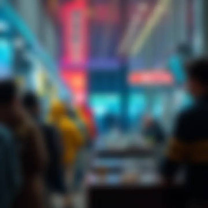 People buying gold Long line of people waiting to buy gold while another person comfortably purchases Bitcoin at home on their laptop