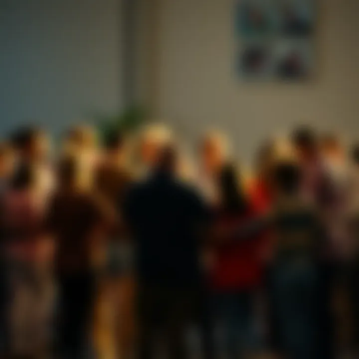 A diverse group of people standing in a circle, holding hands and bowing their heads in prayer during a community gathering, showing unity in difficult times.