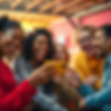 A group of diverse individuals laughing and sharing funny content on a smartphone in a vibrant setting