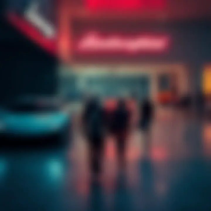 Individuals walking away from a luxury car dealership, symbolizing the shift away from brands like Lamborghini.