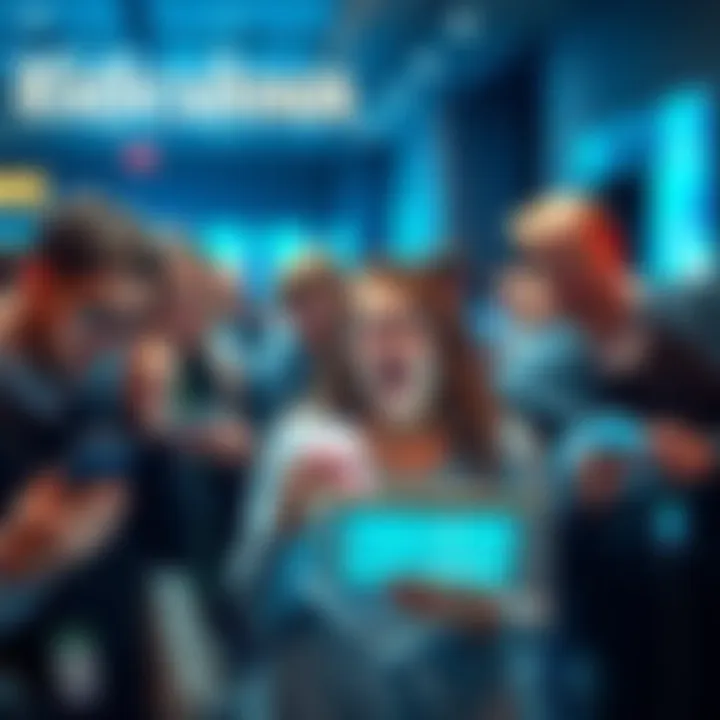 A group of people showing disbelief and frustration while reading news articles on their phones and tablets in a public space.